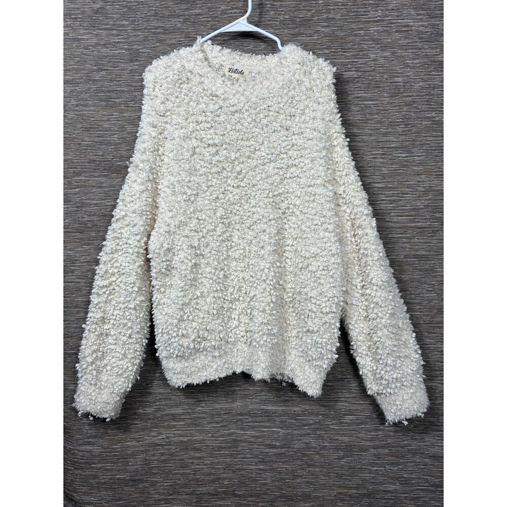 Little Sweater Womens Large White Popcorn Boucle Fuzzy Knit Pullover Cozy